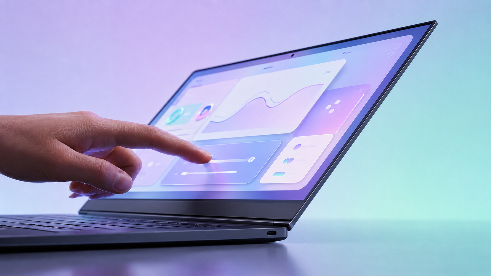 Konzeptillustration eines dünnen OLED-Displays mit Touch-Bedienung und verstärktem Scharnier